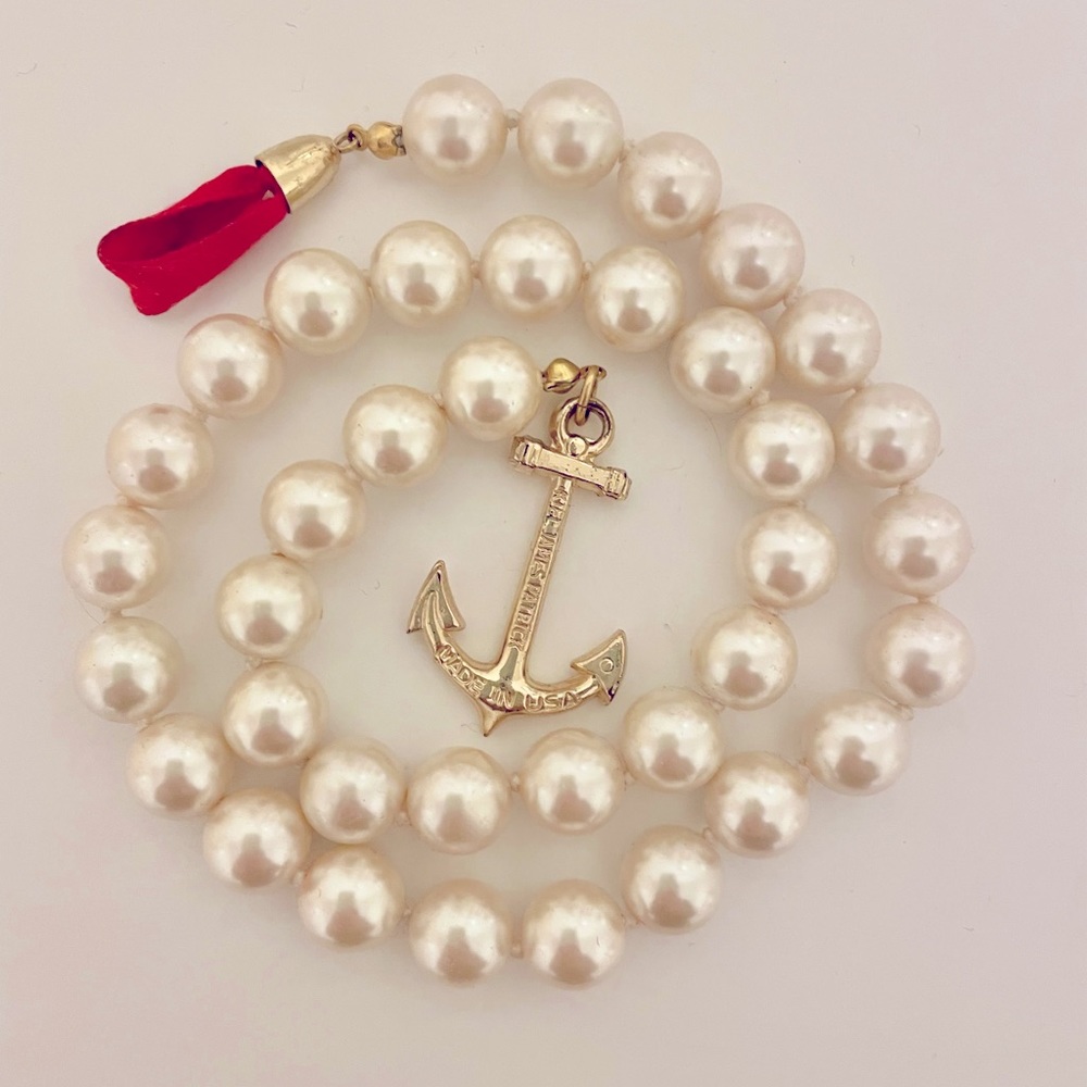 KJP Pearl Necklace with Red Ribbon Anchor Clasp